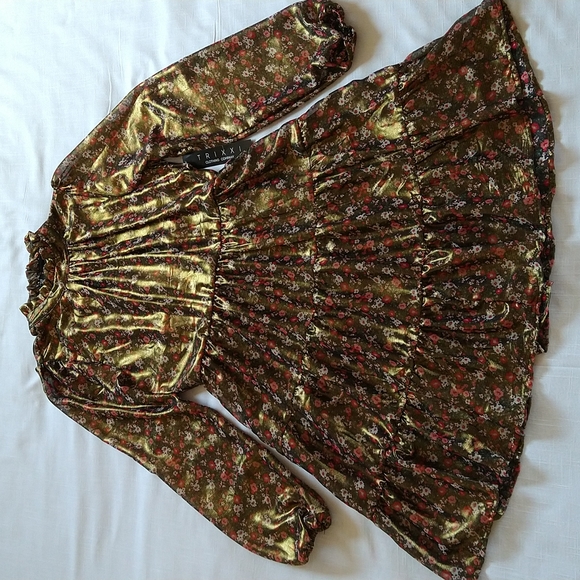 Metallic Chiffon Flowered Fit&Flare Long Sleeves Mini Dress Mock Neck Sz Medium - Picture 9 of 15